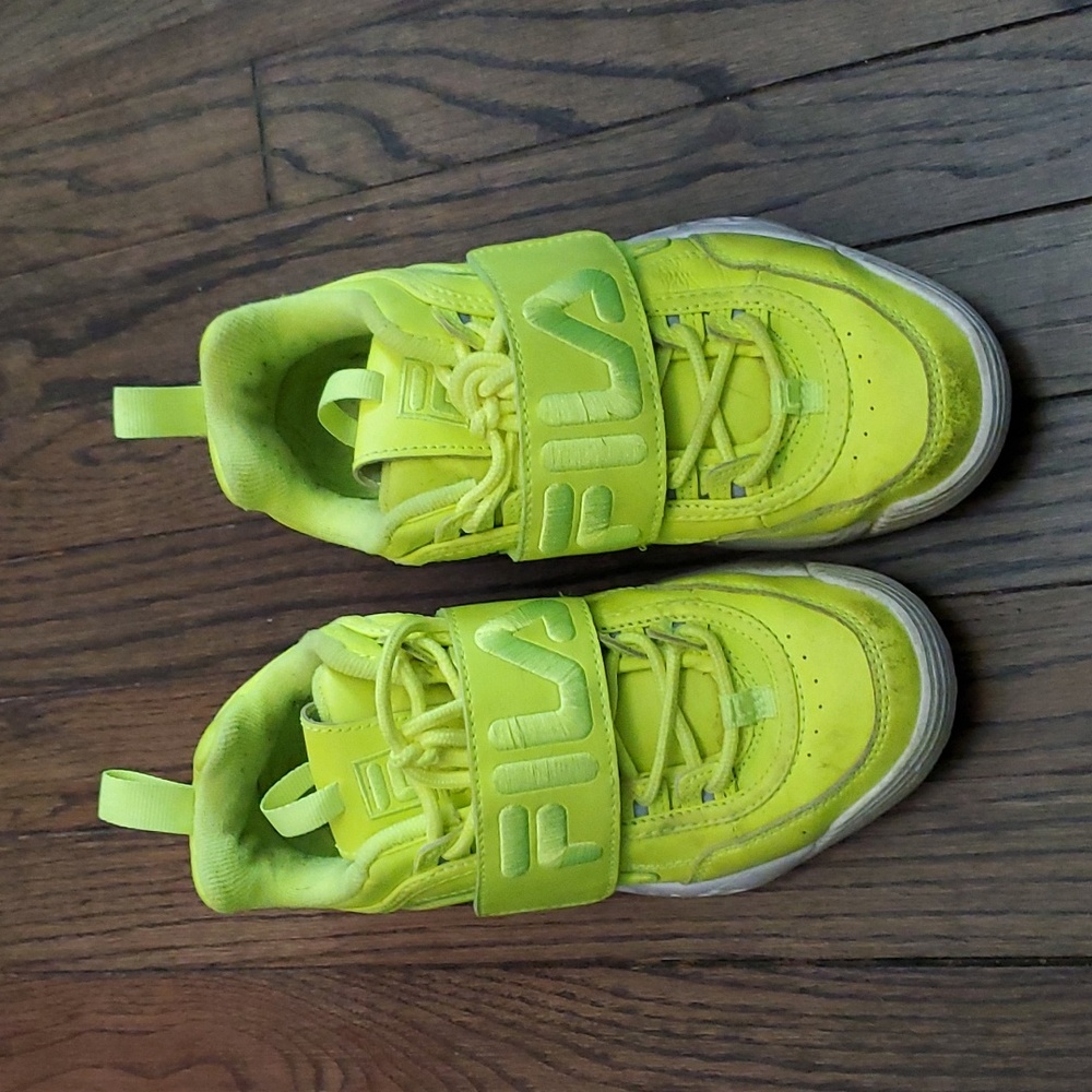 Fila disruptor shoes, size 7.5, neon yellow/green
